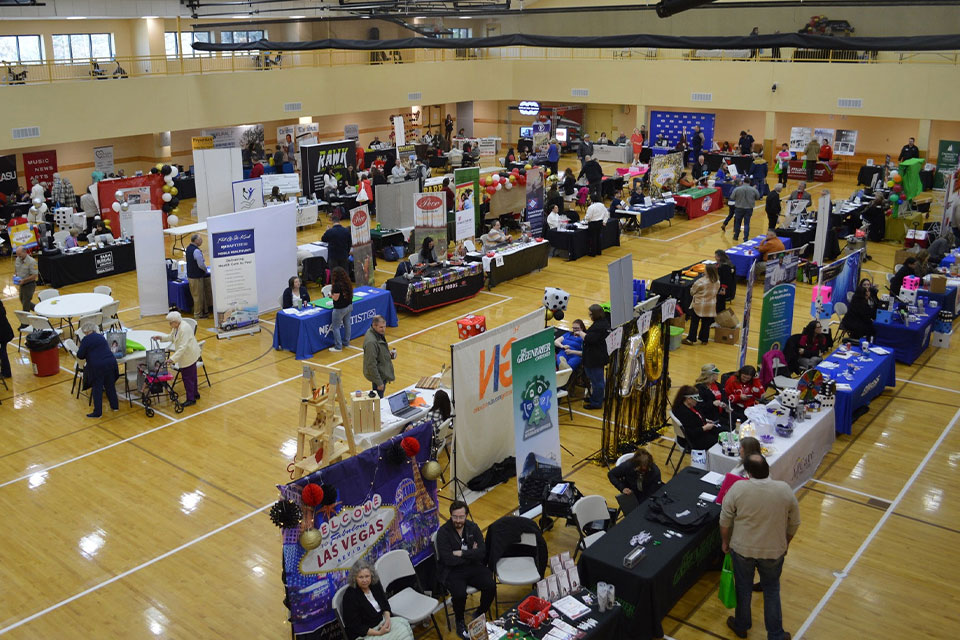 Overhead shot of the Paragould Chamber showcase and all of the businesses booths.