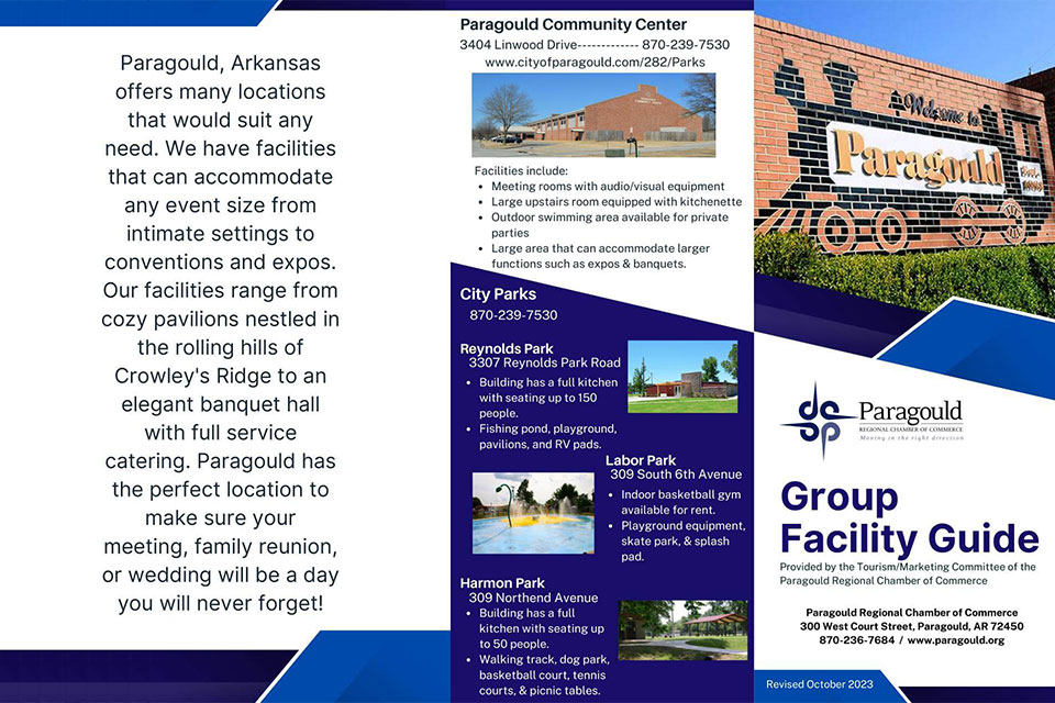 Group Facility Guide Cover with a welcome to Paragould Sign