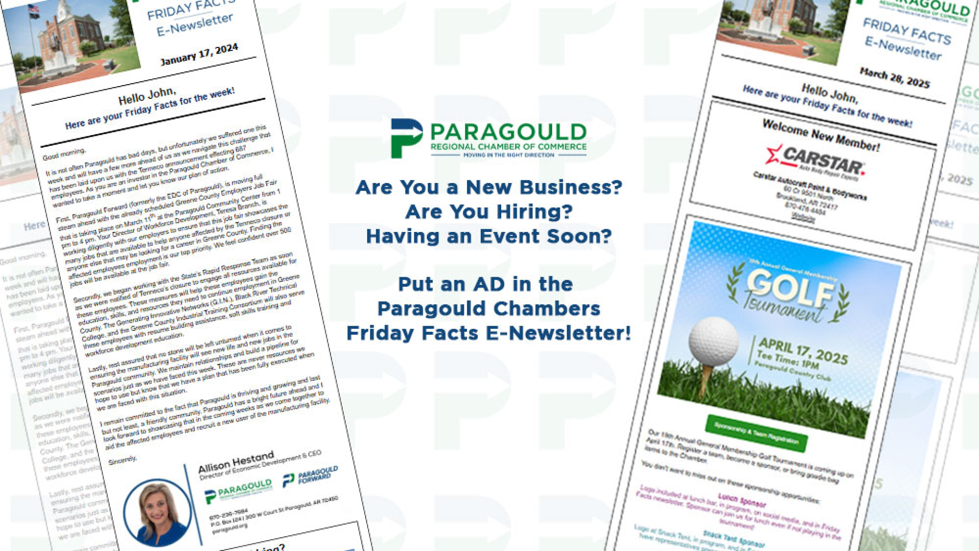 Graphic that says Are you a new business? Are you hiring? Have an event soon? Put a Premium Ad in Friday Facts!